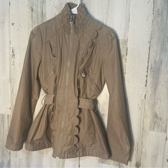 Betsey Johnson Khaki Tan Scalloped Tie Back Zip Up Jacket- size S - Picture 16 of 16